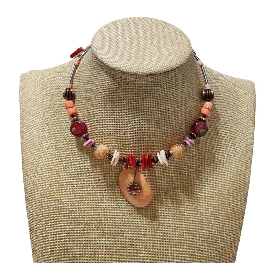 Treska Gypsy Warehouse Beaded Choker Necklace Coral Shell Stone Boho Pendant New
